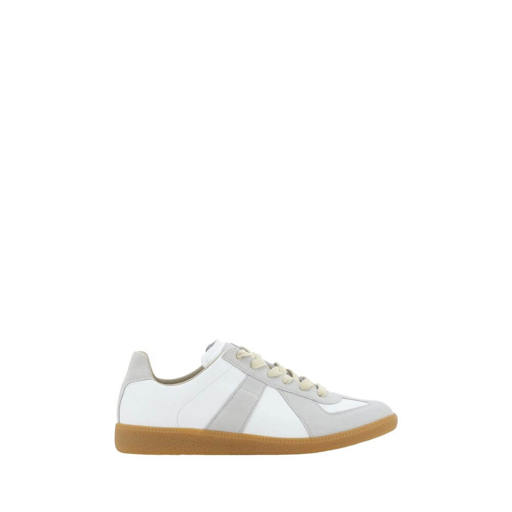Margiela White Rubber Low Top Sneakers with calfskin and suede detailing, contrasting gum sole, and front lace-up closure.