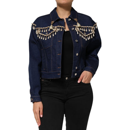Dolce & Gabbana Blue Cotton Denim Crystal Embellished Jacket