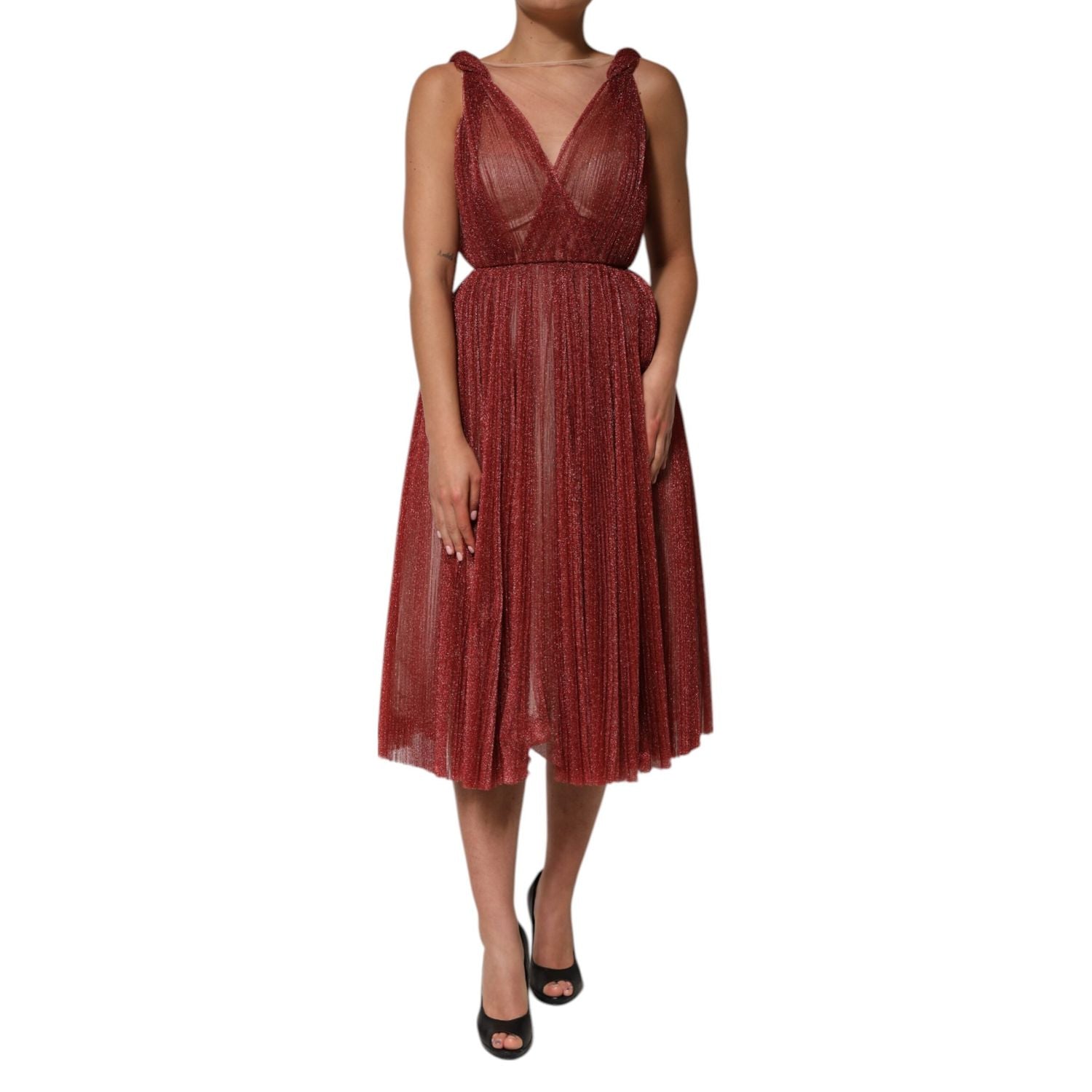 Dolce & Gabbana Burgundy Mesh Sleeveless Midi A-line Dress