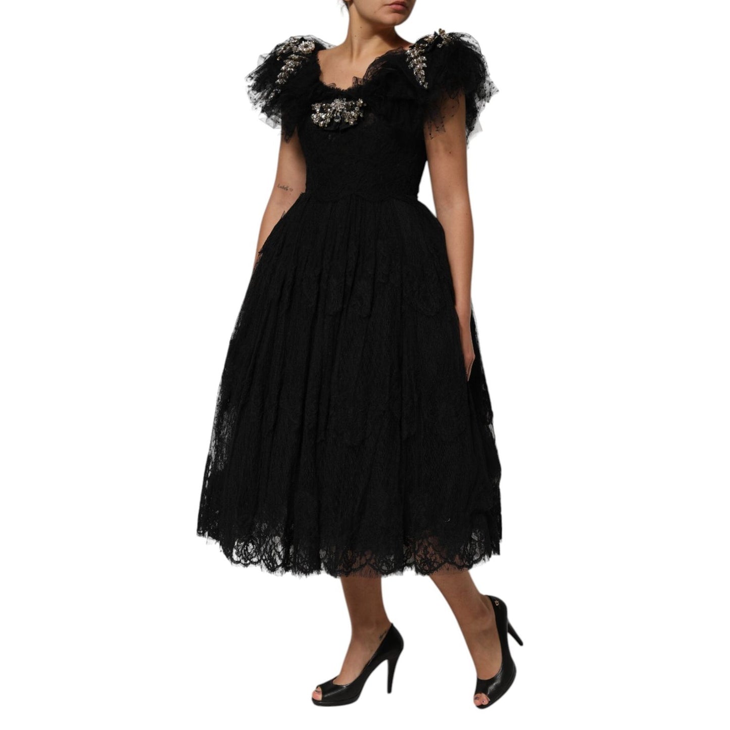Dolce & Gabbana Black Crystal Embellished Midi A-line Dress DR28246-38