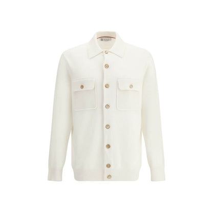 Brunello Cucinelli White Cashmere Cardigan with ribbed collar, button closure, and patch pockets. 100% Cashmere, made in Italy.