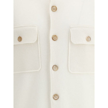 Brunello Cucinelli White Cashmere Cardigan with ribbed collar, button closure, and patch pockets detail.