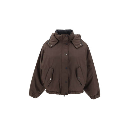 Brunello Cucinelli Brown Polyester Coat, padded down jacket with removable hood and front zipper, ideal for winter wear.