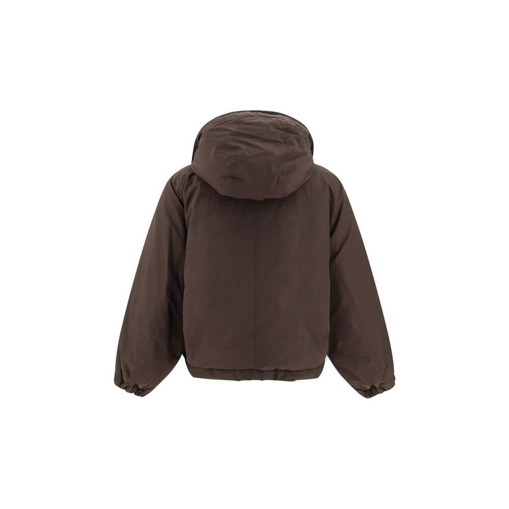 Brunello Cucinelli Brown Polyester Coat with removable hood, back view showing elasticized hem and cuffs for comfortable fit.