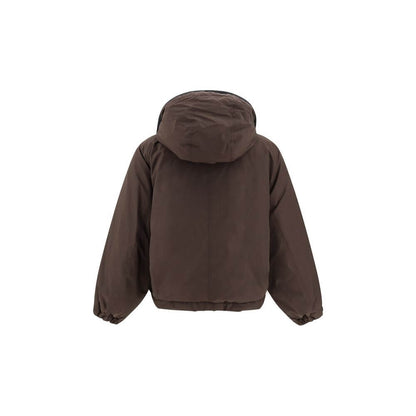 Brunello Cucinelli Brown Polyester Coat with removable hood, back view showing elasticized hem and cuffs for comfortable fit.