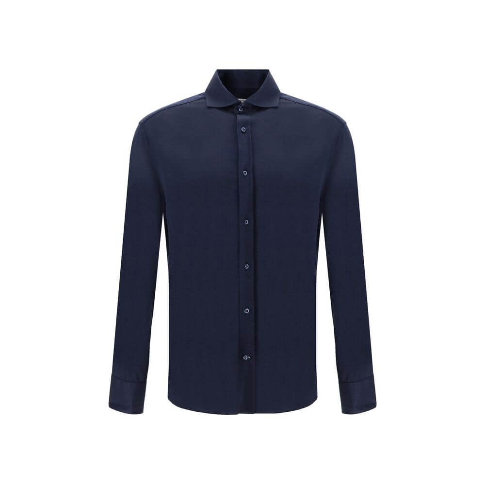 Brunello Cucinelli Blue Silk Shirt with classic collar and button closure; elegant and refined luxury garment for versatile styling.