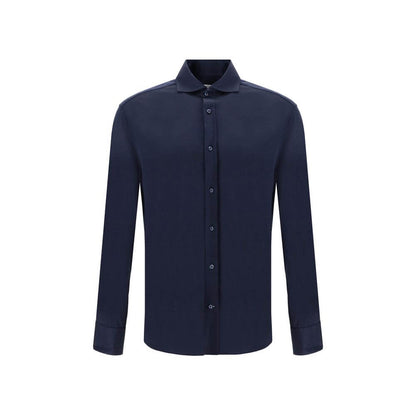 Brunello Cucinelli Blue Silk Shirt with classic collar and button closure; elegant and refined luxury garment for versatile styling.
