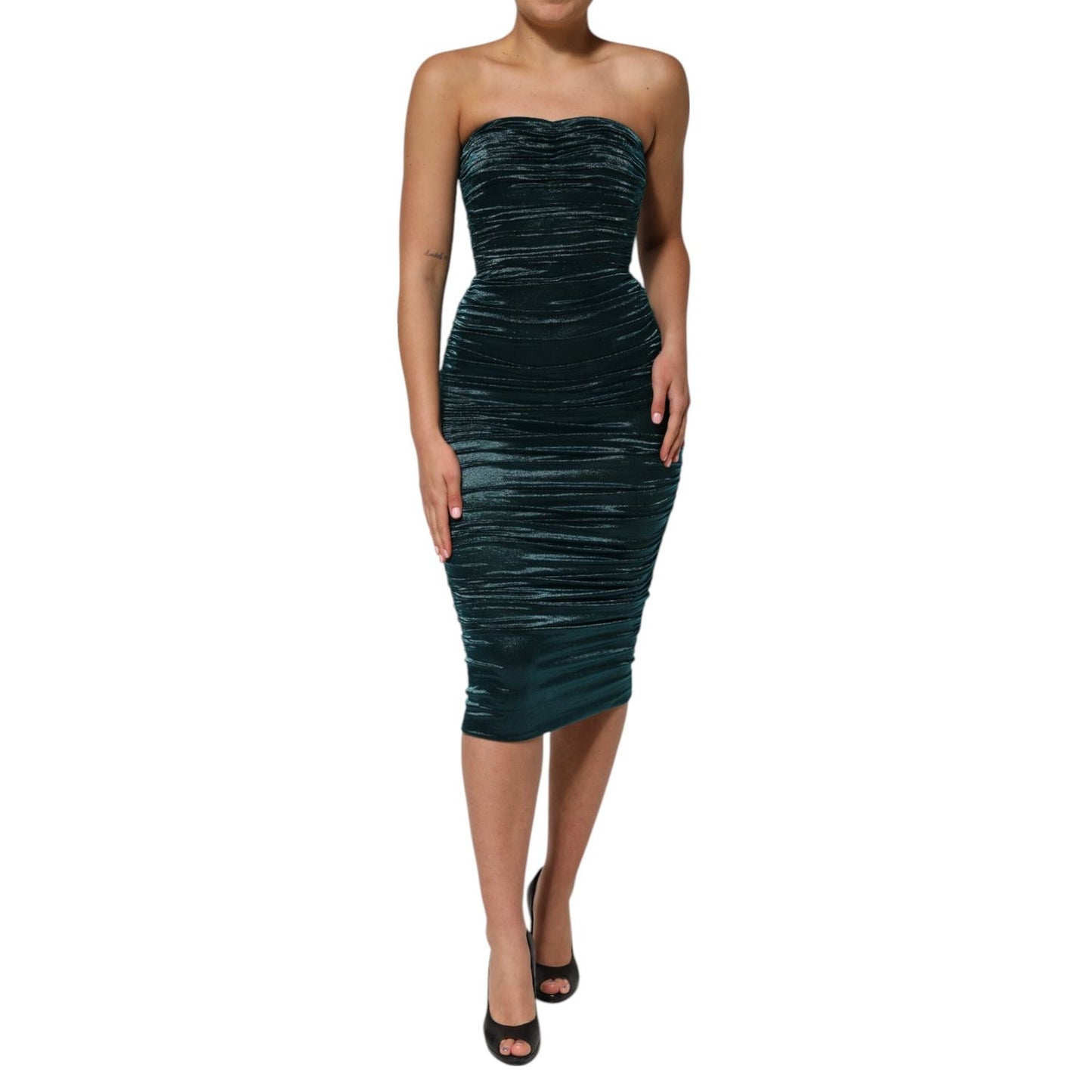 Dolce & Gabbana Green Silk Satin Fitted Strapless Dress
