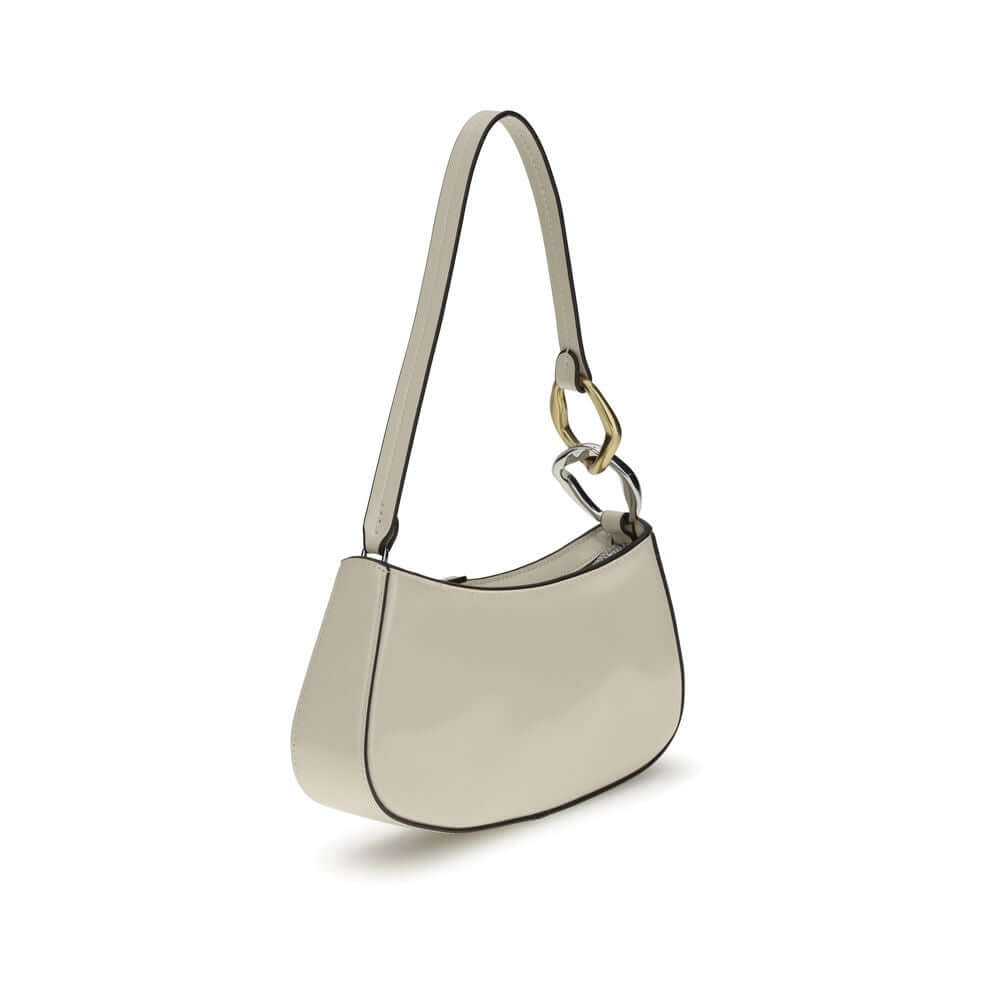 Staud Cream Calf Leather Bos Taurus Shoulder Bag with double snap hook and zippered closure, perfect for everyday use.