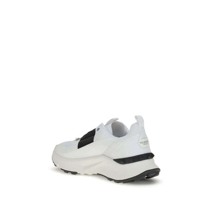 Valentino Garavani White Calf Leather Bos Taurus Athletic Sneakers back view with logo and rubber sole detailing.