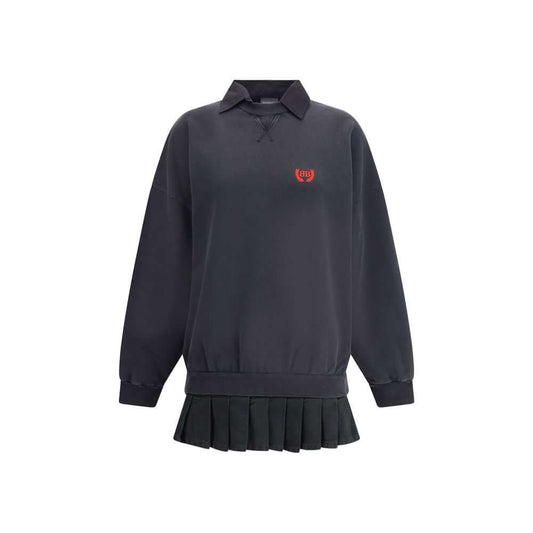 Balenciaga Black Cotton Casual Dress with embroidered logo and pleated skirt, featuring ribbed cuffs and collar, AW25 collection