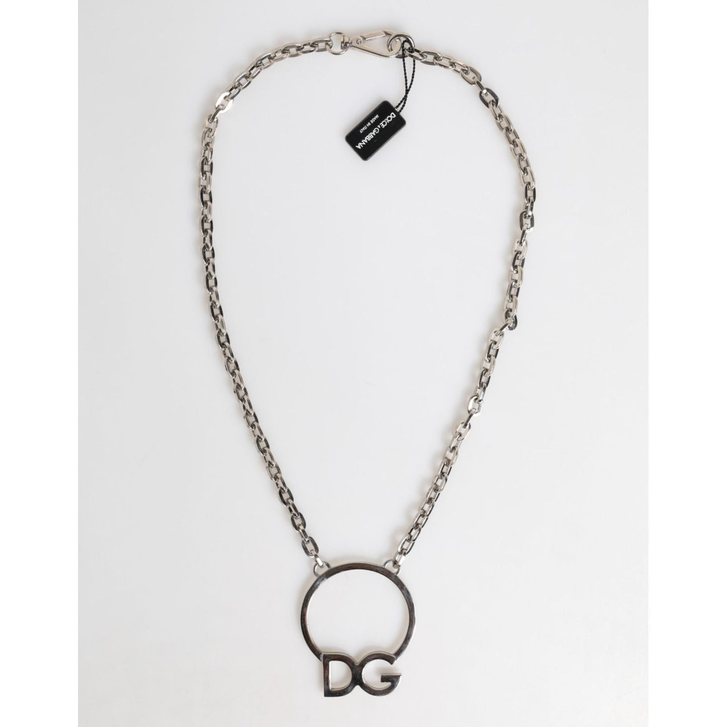 Dolce & Gabbana Silver Tone Brass Chain DG Logo Pendant Men Necklace SMY11218