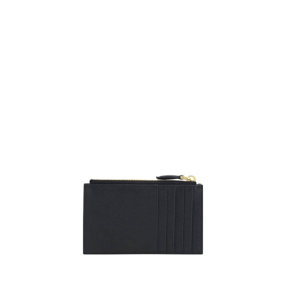 Prada Black Calf Leather Bos Taurus Wallet with zip closure and triangular brand plaque, elegant for storing coins and small objects.