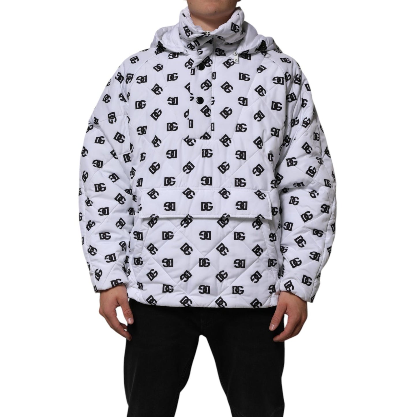 Dolce & Gabbana White DG Monogram Hooded Quilted Jacket