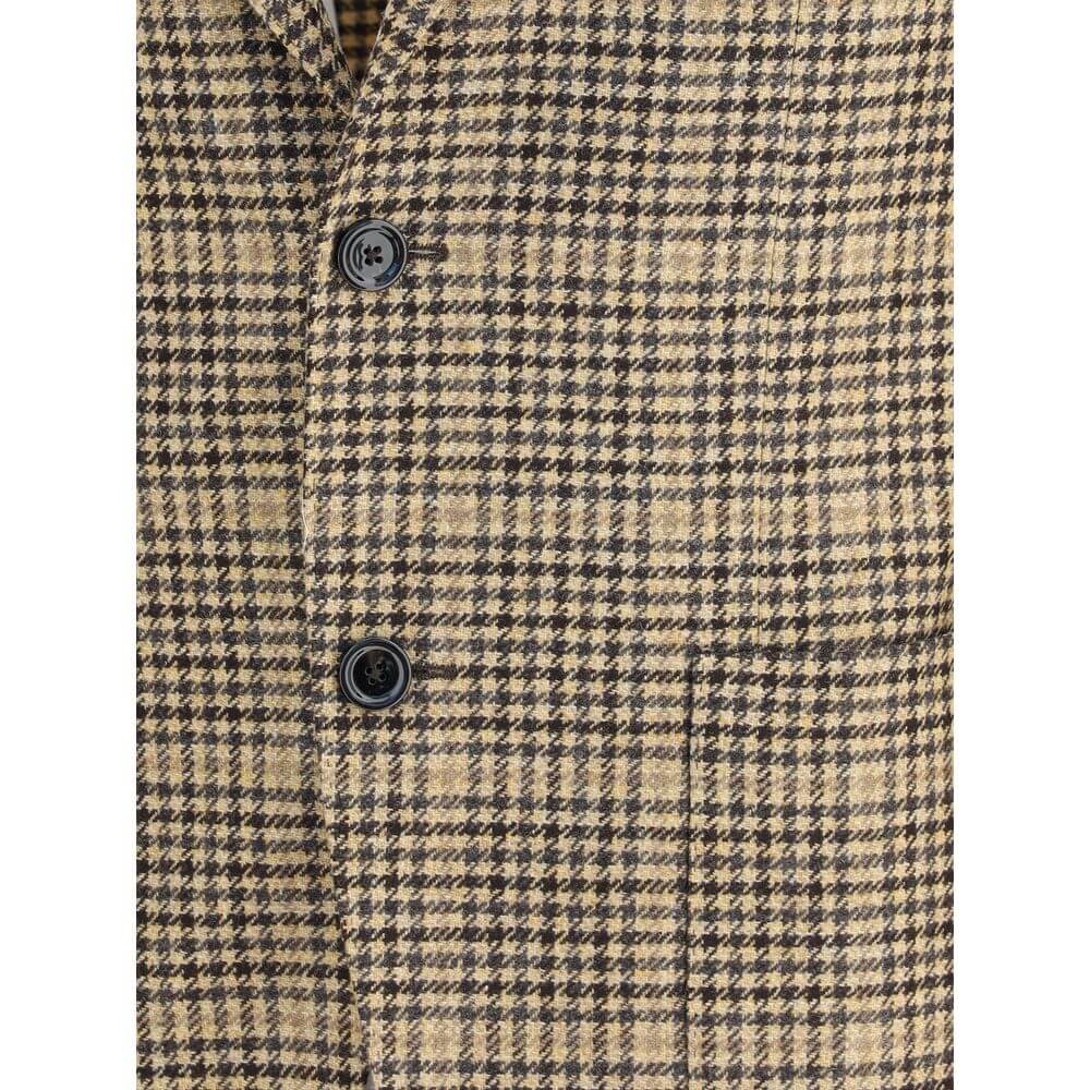 Lardini Beige Wool Clothing, houndstooth single-breasted blazer with classic lapel, button closure, and iconic brooch detail on lapel