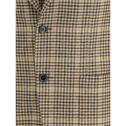 Lardini Beige Wool Clothing, houndstooth single-breasted blazer with classic lapel, button closure, and iconic brooch detail on lapel