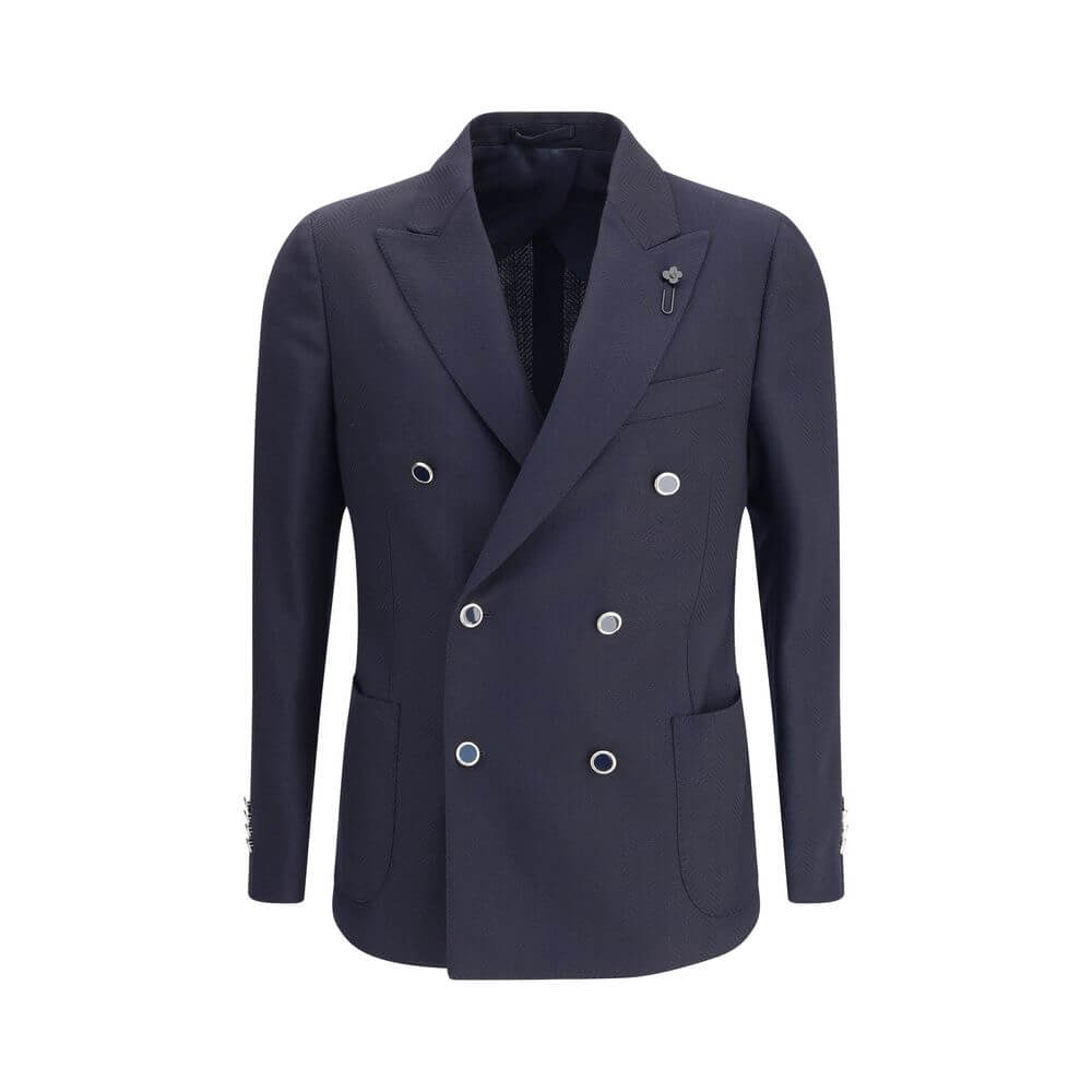 Lardini Blue Fleece Wool Blazer with double-breasted design, six buttons, spear lapels, and herringbone pattern.