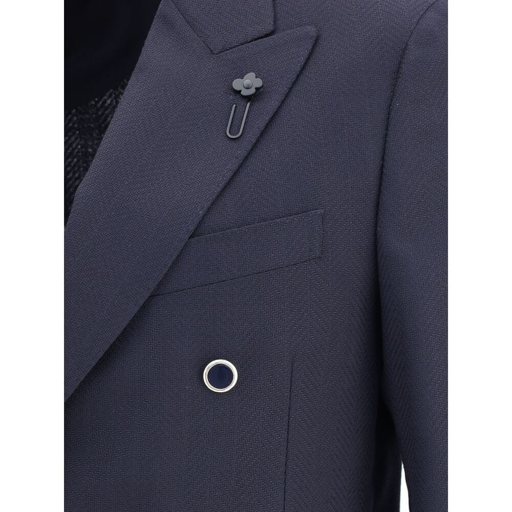 Lardini Blue Fleece Wool Blazer with herringbone pattern, showcasing six buttons, spear lapels, and iconic pin detail.