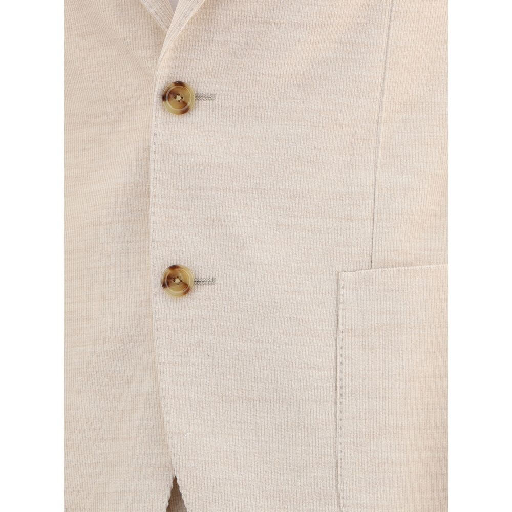 Close-up of Lardini Beige Cotton Two-Piece Suit blazer with button closure and notch lapel, showcasing corduroy texture.