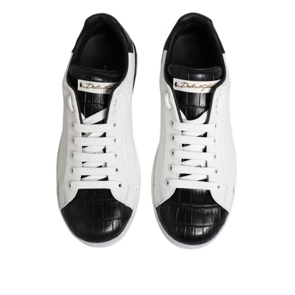 Dolce & Gabbana White Black Leather Portofino Sneaker Shoes
