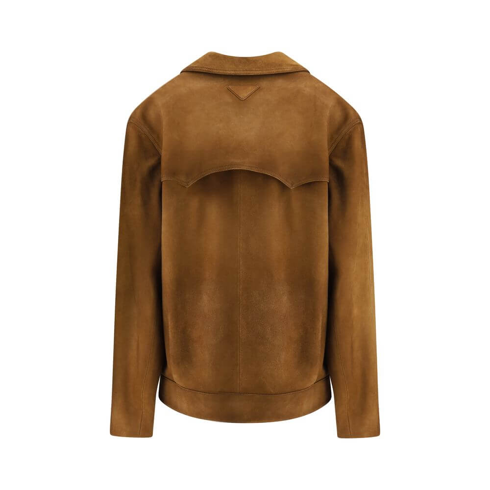 Prada Brown Leather Jacket with classic collar and suede finish, featuring front button closure and welt pockets, AW25 collection.