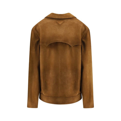 Prada Brown Leather Jacket with classic collar and suede finish, featuring front button closure and welt pockets, AW25 collection.