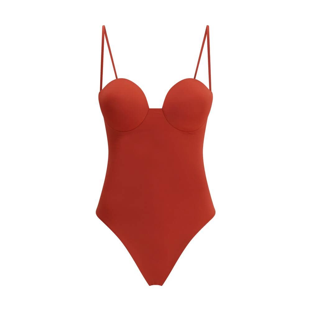 Magda Butrym Orange Polyamide One-Piece Swimsuit with retro bustier design, showcasing elegance and femininity in bright red.