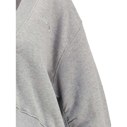 Close-up of The Attico Gray Cotton Sweatshirt showing V-neckline and rubberized logo detail on faded gray melange fleece.