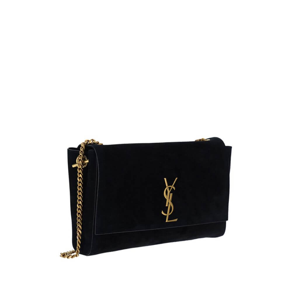 Saint Laurent Black Calf Leather Bos Taurus Shoulder Bag with gold monogram and chain strap, elegant accessory for any occasion.