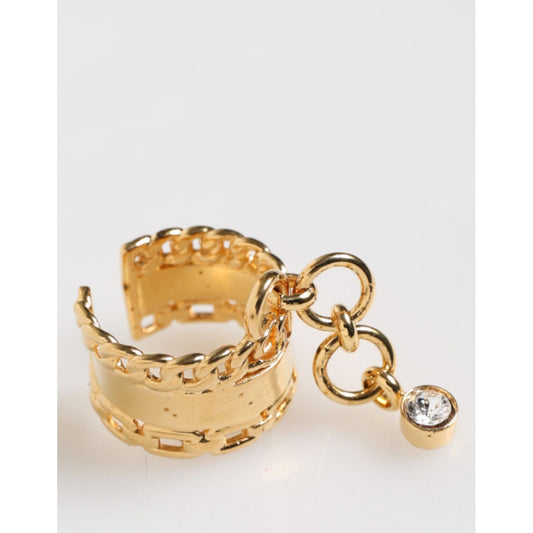 Dolce & Gabbana Gold Tone Brass Logo Chain Clear Crystals Adjustable Ring