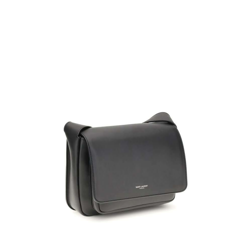 Saint Laurent Black Calf Leather Bos Taurus Shoulder Bag with embossed logo and adjustable strap, AW25 collection.
