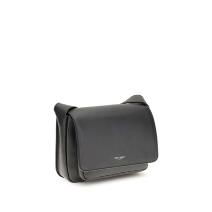 Saint Laurent Black Calf Leather Bos Taurus Shoulder Bag with embossed logo and adjustable strap, AW25 collection.