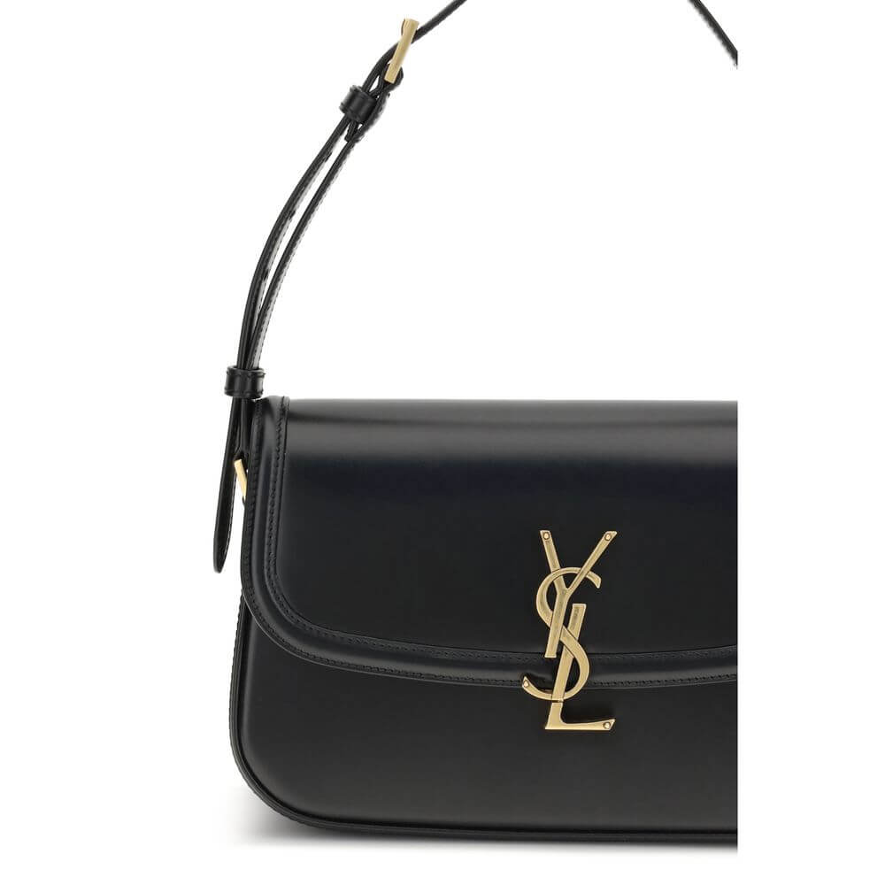 Saint Laurent Black Calf Leather Bos Taurus Shoulder Bag with bronze Cassandre logo, elegant design, adjustable strap and structured silhouette.