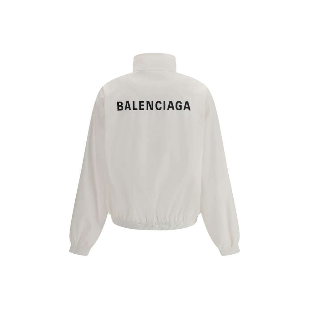 Balenciaga White Polyester Shell Jacket with logo embroidery, high collar, and elastic cuffs, back view; breathable mesh lining for comfort.