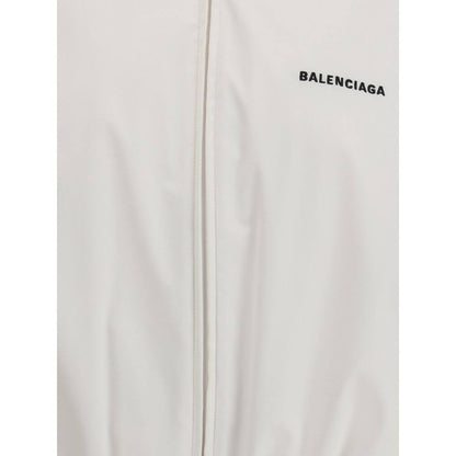 Close-up view of Balenciaga White Polyester Shell Jacket with logo embroidery, highlighting high-quality technical fabric.