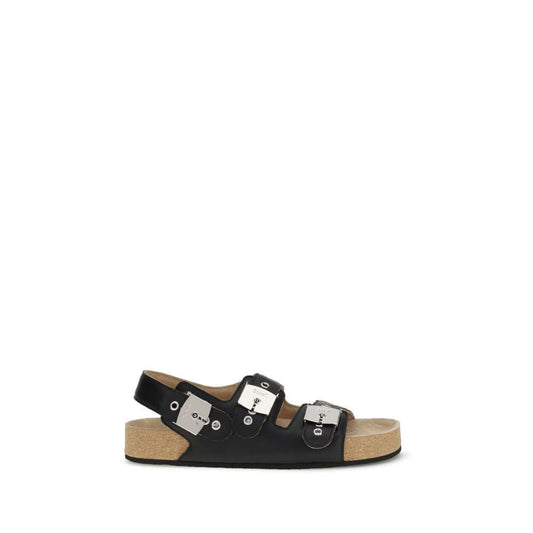 Balenciaga Black Calf Leather Bos Taurus Flat Sandals featuring ergonomic insole and adjustable straps with metal buckles.