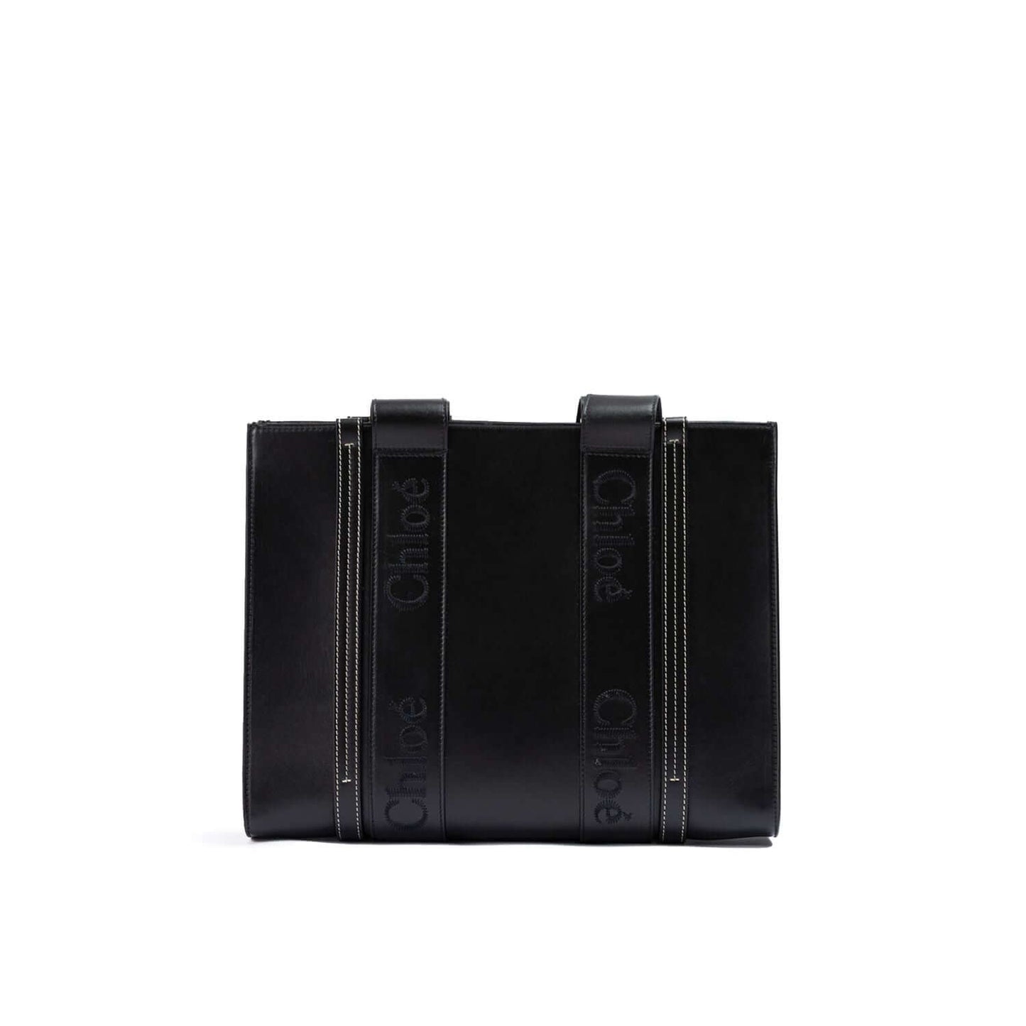 Chloé Black Woody Embroidered Logo Leather Medium Tote Bag, elegant and sustainable design with logo embroidery, leather material.