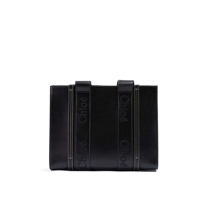 Chloé Black Woody Embroidered Logo Leather Medium Tote Bag, elegant and sustainable design with logo embroidery, leather material.