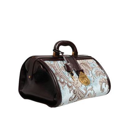 Dolce & Gabbana Blue Brown Leather Floral Jacquard Travel Handbag Bag