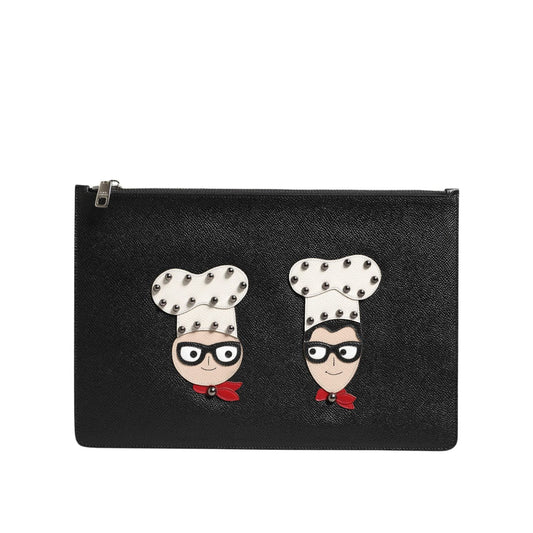 Dolce & Gabbana Black Leather #DGFAMILY Embellished Men Clutch Pouch Bag