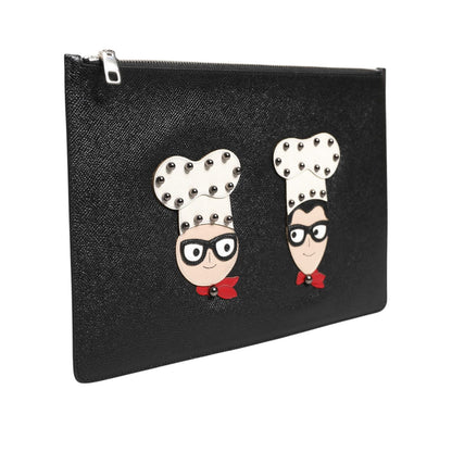 Dolce & Gabbana Black Leather #DGFAMILY Embellished Men Clutch Pouch Bag