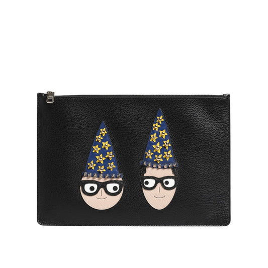 Dolce & Gabbana Black Leather #DGFAMILY Embellished Men Clutch Pouch Bag BAG4683
