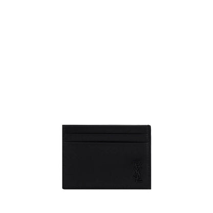 Saint Laurent Black Calf Leather Bos Taurus Wallet with card slots and logo plaque, made from 100% calf leather.
