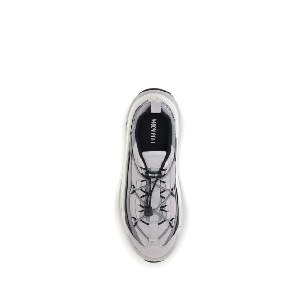 Top view of Moon Boot Gray Polyester Athletic Sneakers featuring tubular laces and embossed logo.