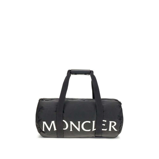 Moncler Black Nylon Luggage And Travel duffle bag with logo, leather-tab handles, detachable strap, and stylish design.