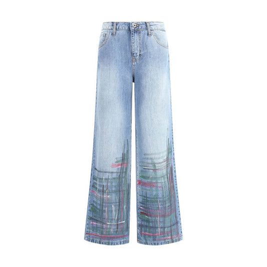 Ella Blue Cotton Jeans Denim with paint splatter checked pattern, wide-leg style, and classic five-pocket design, made in Italy.