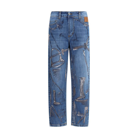 Ella Blue Cotton Slim Fit Jeans with paint splatter, five-pocket design, front zip closure, belt loops, made in Italy, AW25 collection.