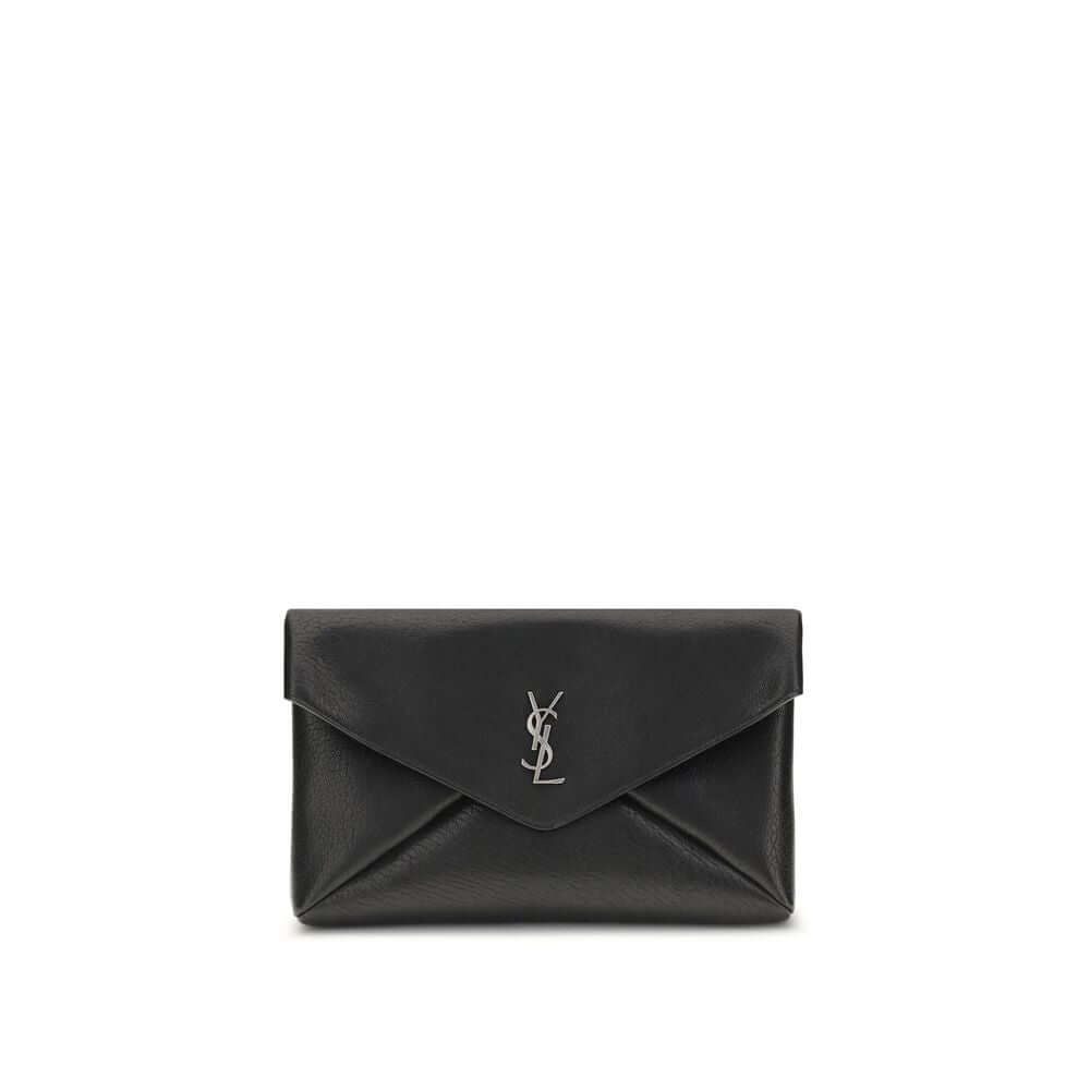 Saint Laurent Black Calf Leather Bos Taurus Clutch Bag with silver logo and magnetic closure, made in Italy. Model: Cassandre Large Envelope.