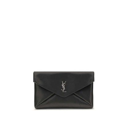Saint Laurent Black Calf Leather Bos Taurus Clutch Bag with silver logo and magnetic closure, made in Italy. Model: Cassandre Large Envelope.