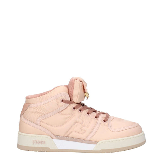Fendi Pink Nylon High Top Sneakers with logos, lace-up closure, rubber sole, mid heels, in pink and peach tones.